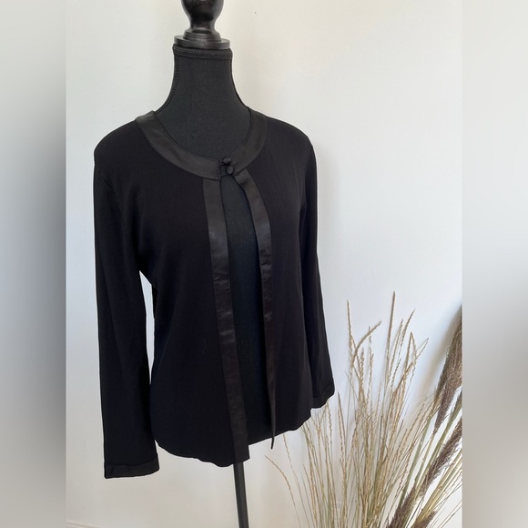 Black Cardigan with Satin Trim and button up front size medium - Picture 2 of 5